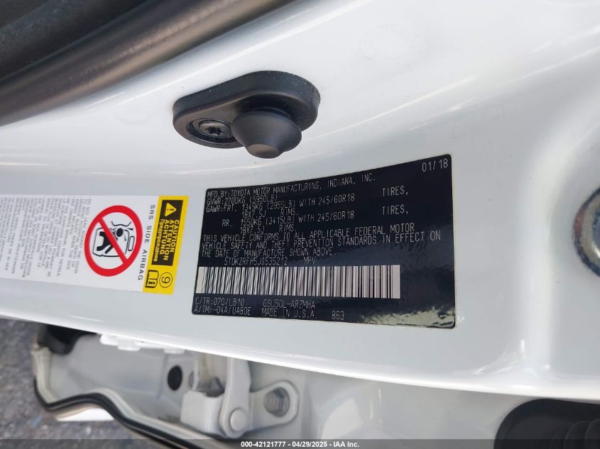 2018 Toyota Highlander Xle VIN: 5TDKZRFH5JS535212 Lot: 42121777