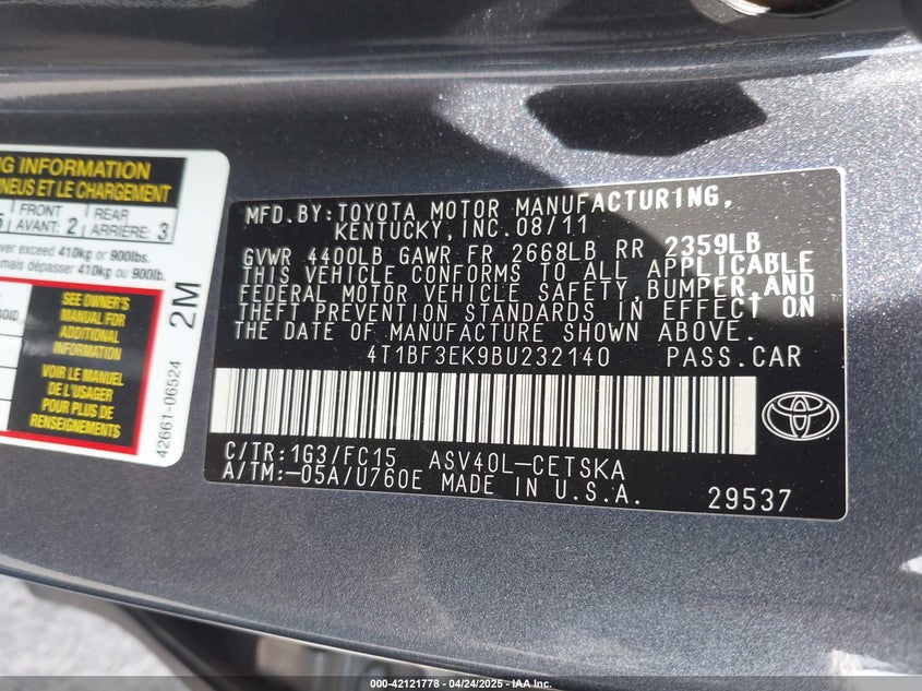 2011 TOYOTA CAMRY VIN: 4T1BF3EK9BU232140