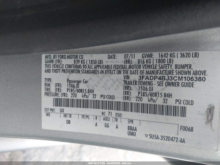 2012 FORD FIESTA VIN: 3FADP4BJ3CM106380