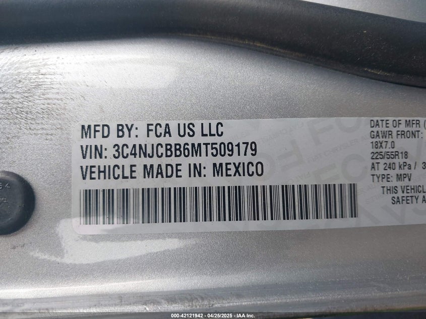 2021 JEEP COMPASS VIN: 3C4NJCBB6MT509179