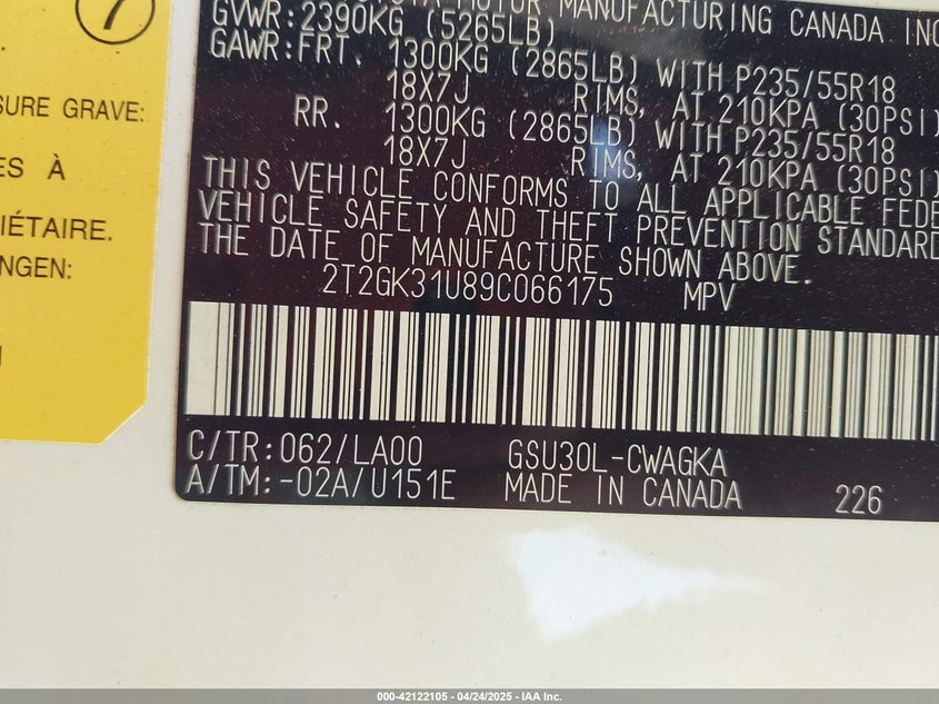 2009 Lexus Rx 350 VIN: 2T2GK31U89C066175 Lot: 42122105