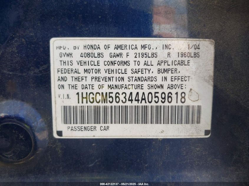 2004 Honda Accord 2.4 Lx VIN: 1HGCM56344AD59618 Lot: 42122137