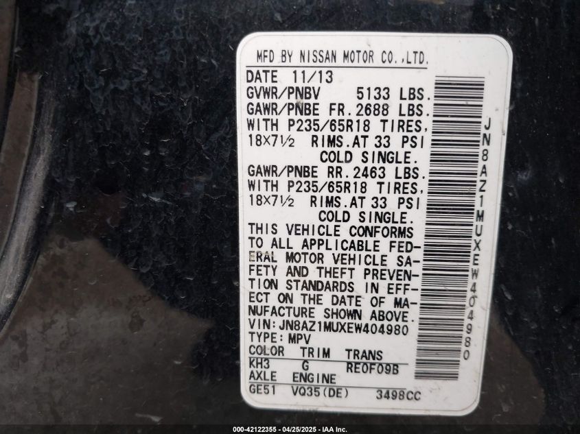 2014 Nissan Murano Sv VIN: JN8AZ1MUXEW404980 Lot: 42122355