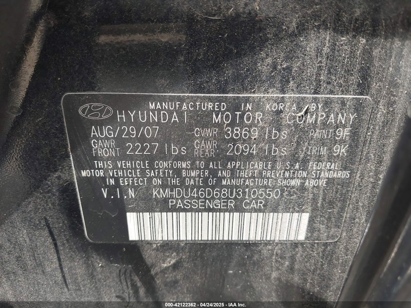 2008 HYUNDAI ELANTRA VIN: KMHDU46D68U310550