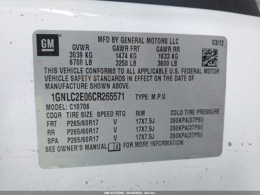 2012 CHEVROLET TAHOE VIN: 1GNLC2E06CR265571