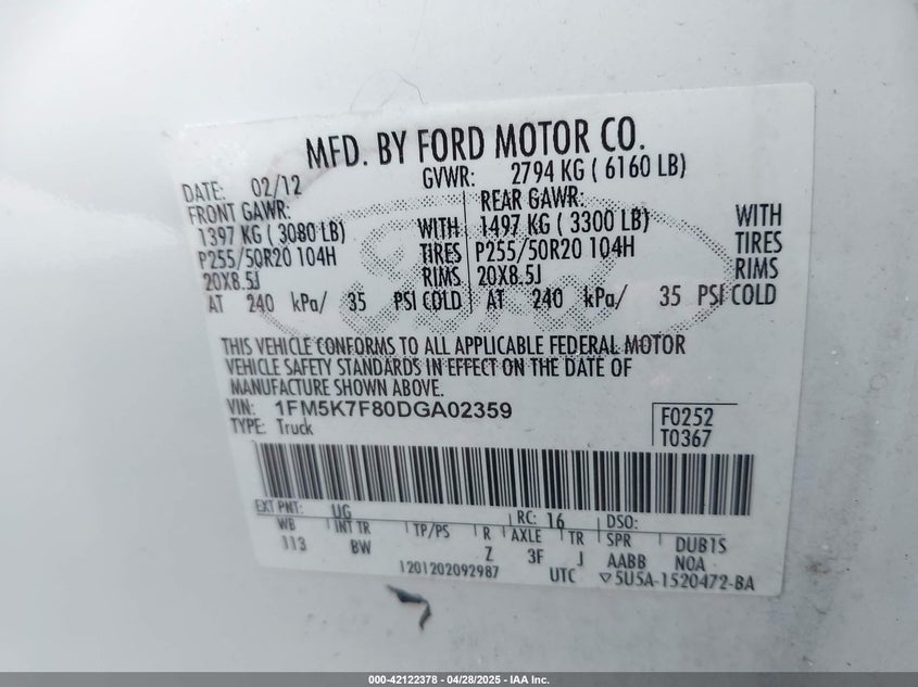 2013 FORD EXPLORER VIN: 1FM5K7F80DGA02359