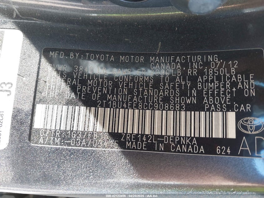 2012 TOYOTA COROLLA VIN: 2T1BU4EE8CC908683