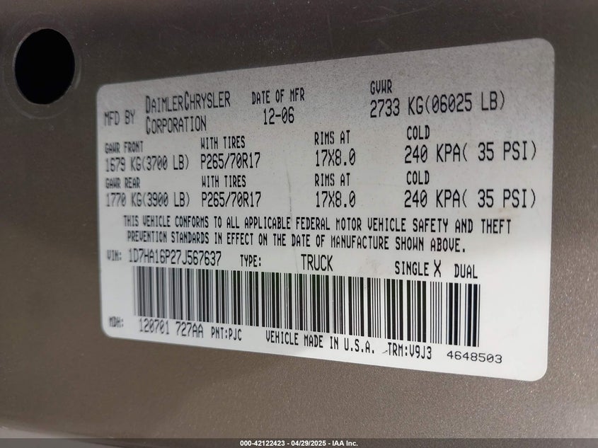 2007 DODGE RAM 1500 VIN: 1D7HA16P27J567637