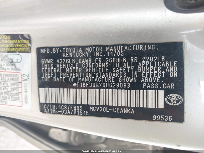 2006 TOYOTA CAMRY VIN: 4T1BF30K76U629083
