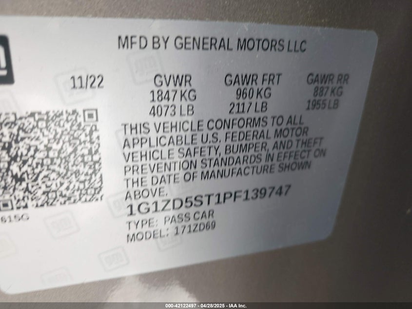 2023 CHEVROLET MALIBU VIN: 1G1ZD5ST1PF139747