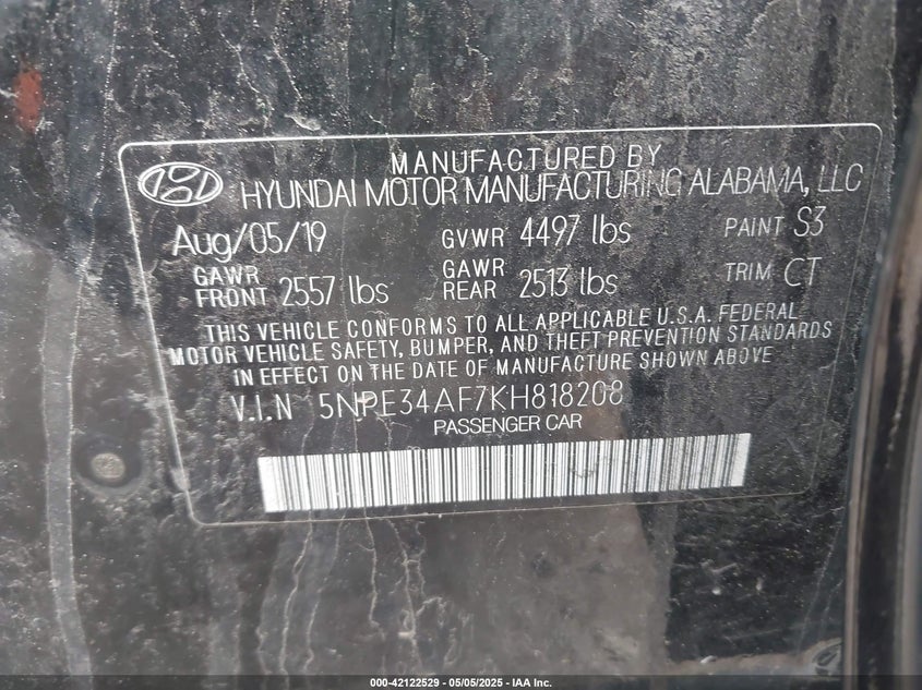 2019 HYUNDAI SONATA VIN: 5NPE34AF7KH818208