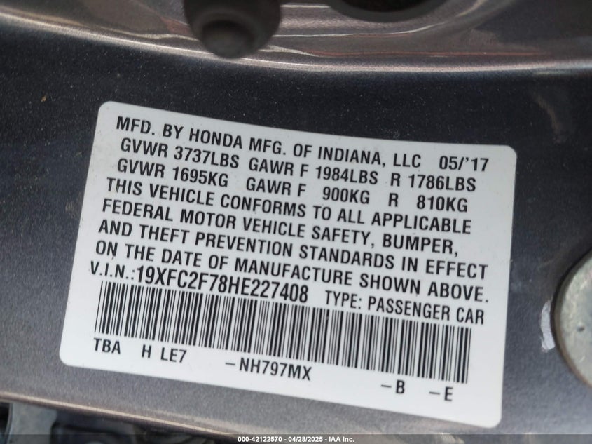 VIN 19XFC2F78HE227408 2017 HONDA CIVIC EX