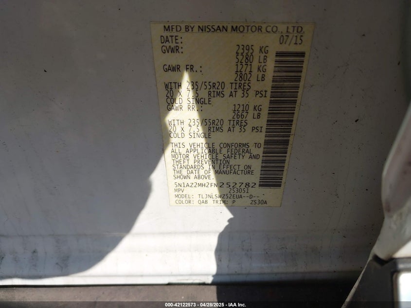 2015 NISSAN MURANO VIN: 5N1AZ2MH2FN252782