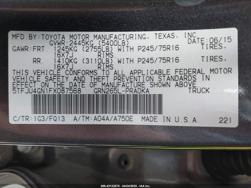 2015 TOYOTA TACOMA VIN: 5TFJU4GN1FX087568