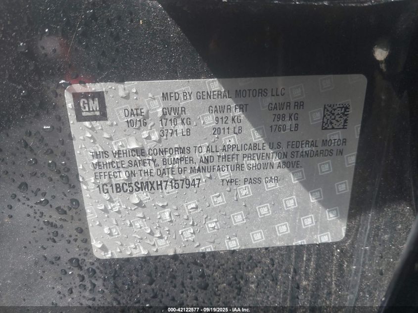 2017 Chevrolet Cruze Ls Auto VIN: 1G1BC5SMXH7157947 Lot: 43806505