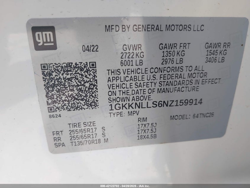 2022 GMC ACADIA VIN: 1GKKNLLS6NZ159914