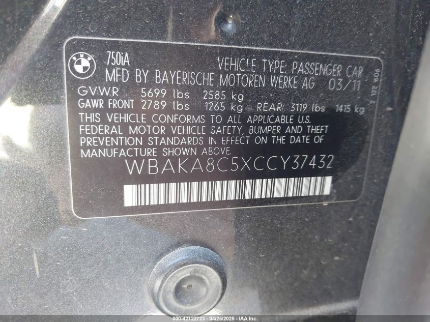2012 BMW 750I VIN: WBAKA8C5XCCY37432 Lot: 42122723