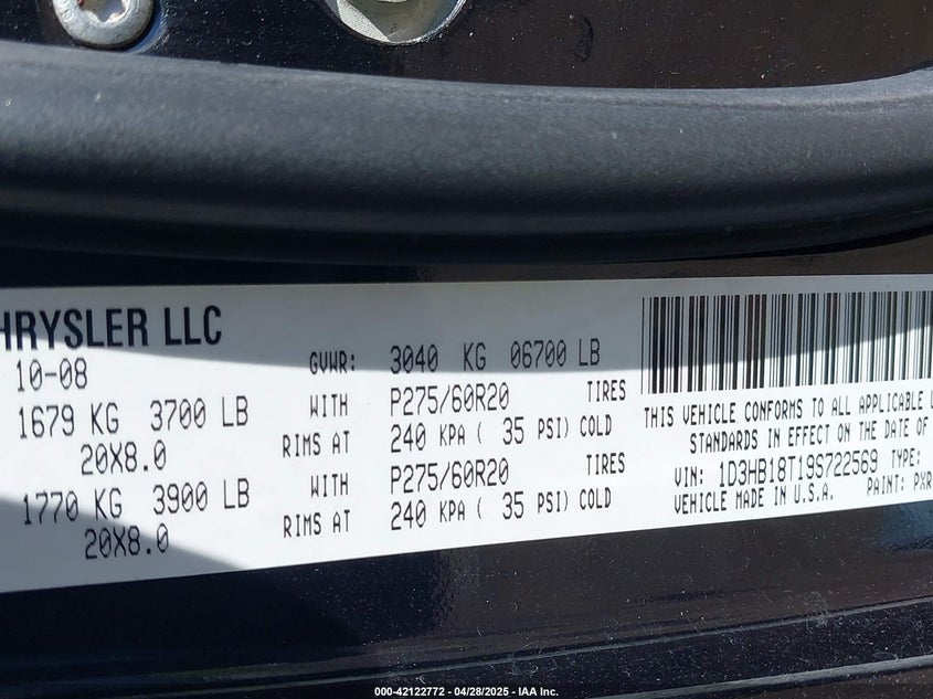 2009 DODGE RAM 1500 VIN: 1D3HB18T19S722569
