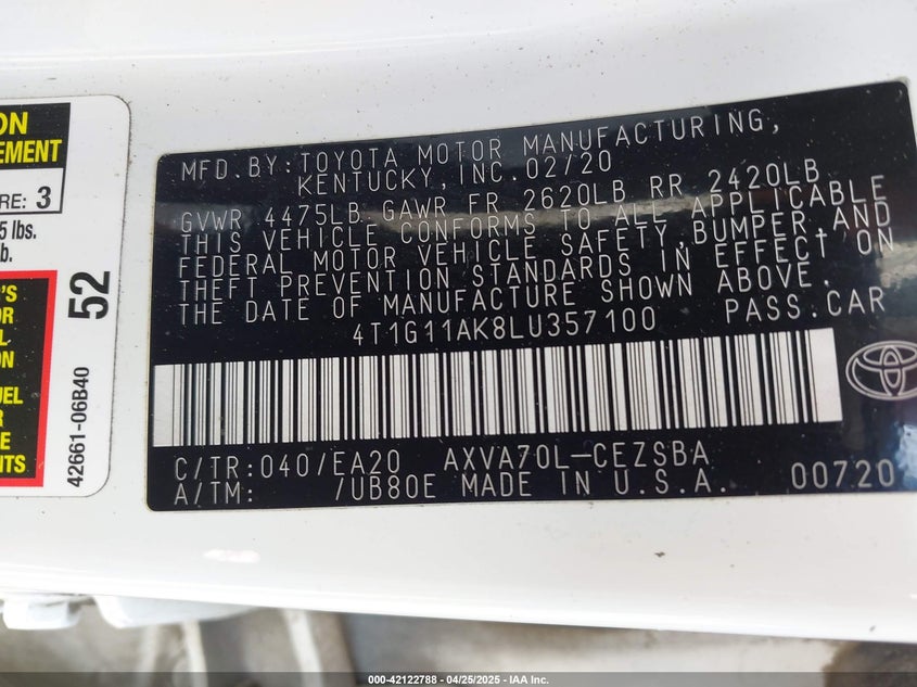 2020 TOYOTA CAMRY VIN: 4T1G11AK8LU357100