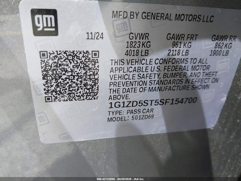 2025 CHEVROLET MALIBU VIN: 1G1ZD5ST5SF154700
