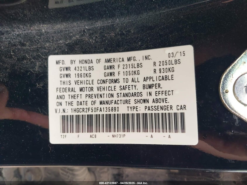 2015 HONDA ACCORD VIN: 1HGCR2F50FA135890