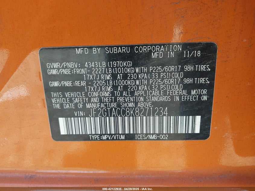 2019 SUBARU CROSSTREK VIN: JF2GTACC8K8271234