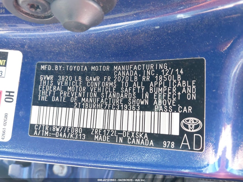 2015 TOYOTA COROLLA VIN: 2T1BURHE7FC319363
