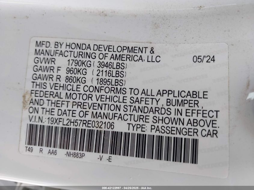 2024 Honda Civic Lx VIN: 19XFL2H57RE032106 Lot: 42122997