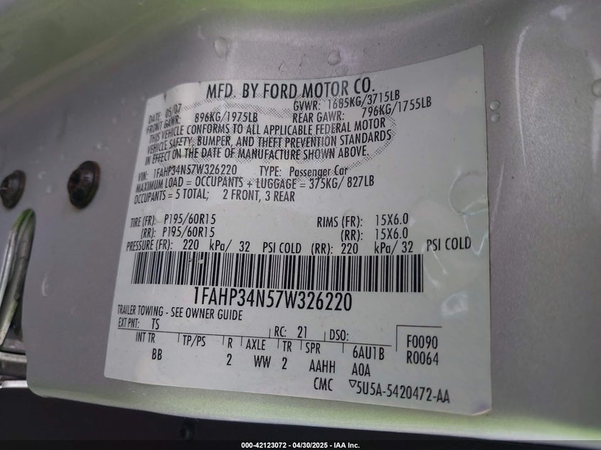 2007 FORD FOCUS VIN: 1FAHP34N57W326220