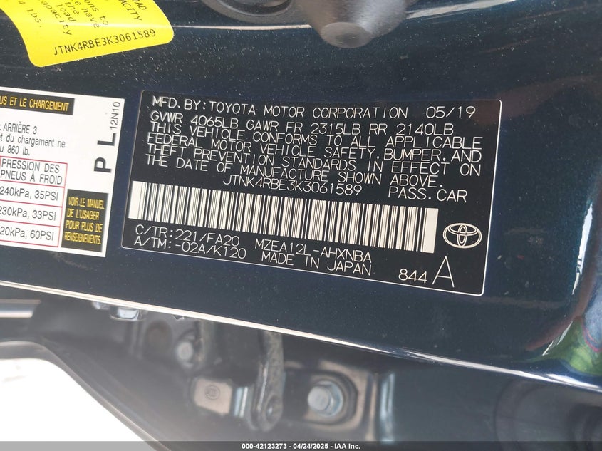 2019 TOYOTA COROLLA VIN: JTNK4RBE3K3061589