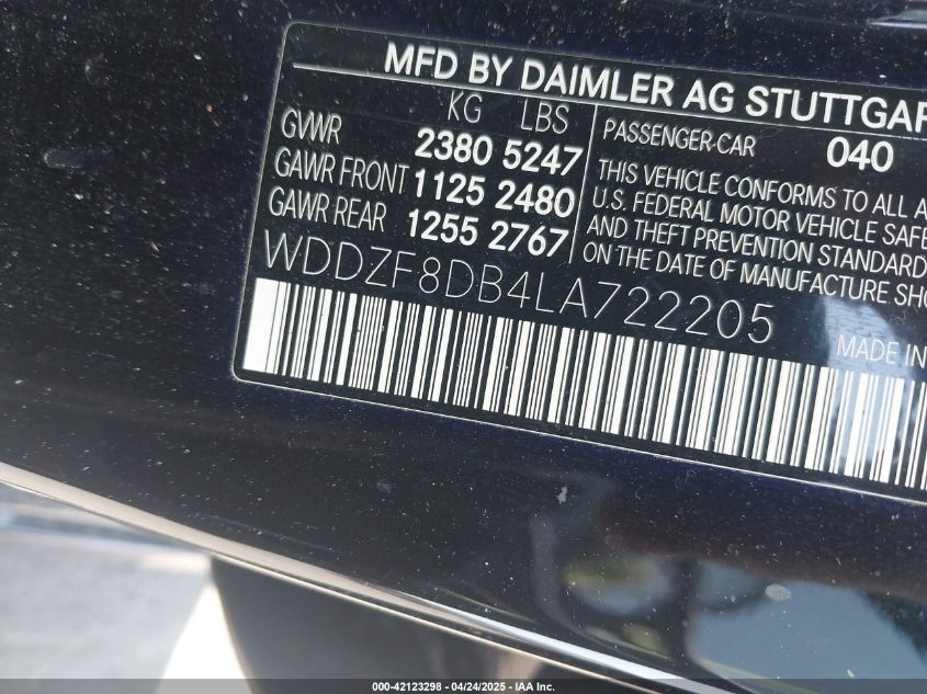 2020 Mercedes-Benz E 350 VIN: WDDZF8DB4LA722205 Lot: 42123298