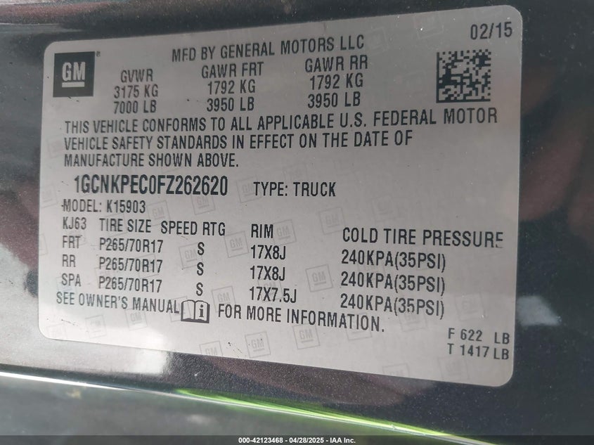 2015 CHEVROLET SILVERADO 1500 VIN: 1GCNKPEC0FZ262620