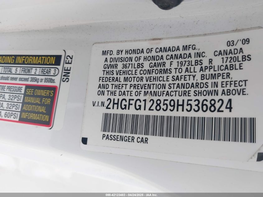 2009 Honda Civic Ex VIN: 2HGFG12859H536824 Lot: 42123483