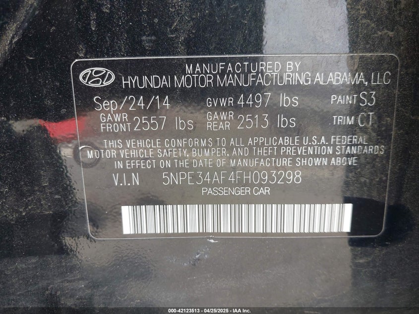 2015 HYUNDAI SONATA VIN: 5NPE34AF4FH093298
