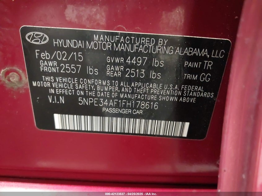 2015 HYUNDAI SONATA VIN: 5NPE34AF1FH178616