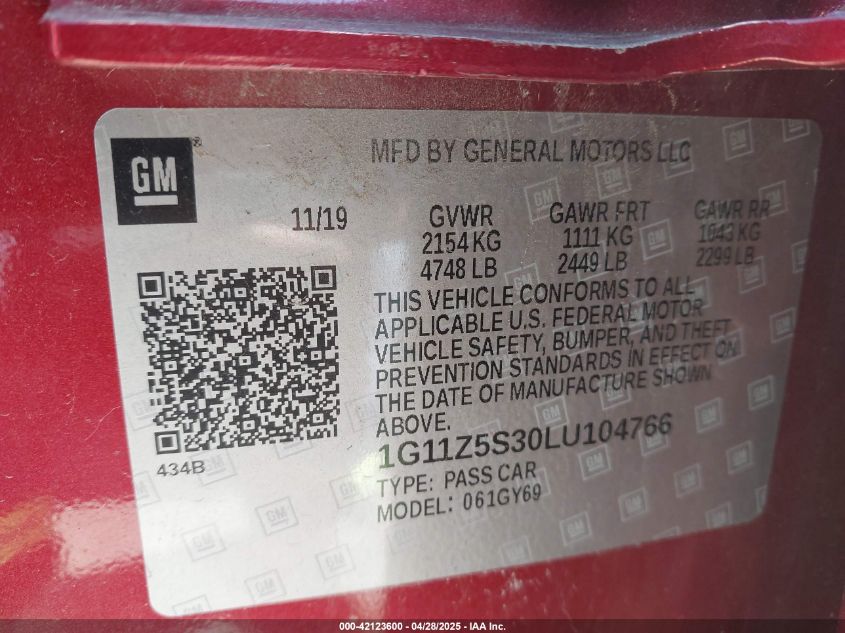 2020 Chevrolet Impala Fwd Lt VIN: 1G11Z5S30LU104766 Lot: 42123600