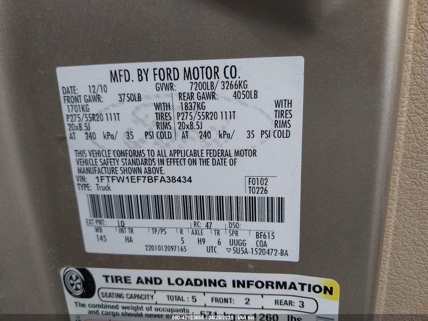 2011 FORD F-150 VIN: 1FTFW1EF7BFA38434
