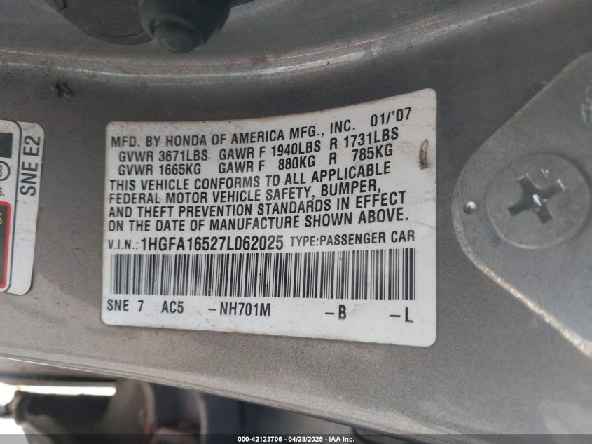 2007 Honda Civic Lx VIN: 1HGFA16527L062025 Lot: 42123706