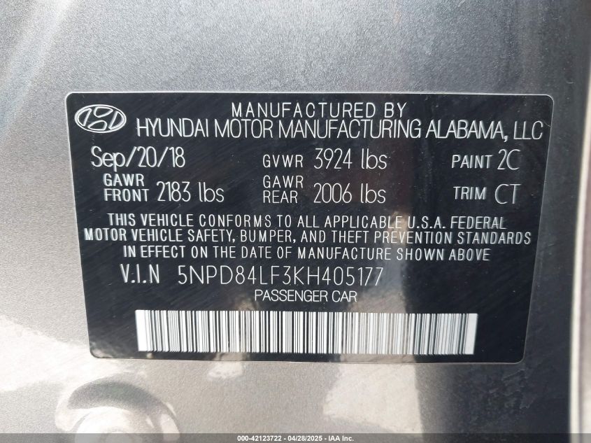 2019 Hyundai Elantra Sel VIN: 5NPD84LF3KH405177 Lot: 42123722