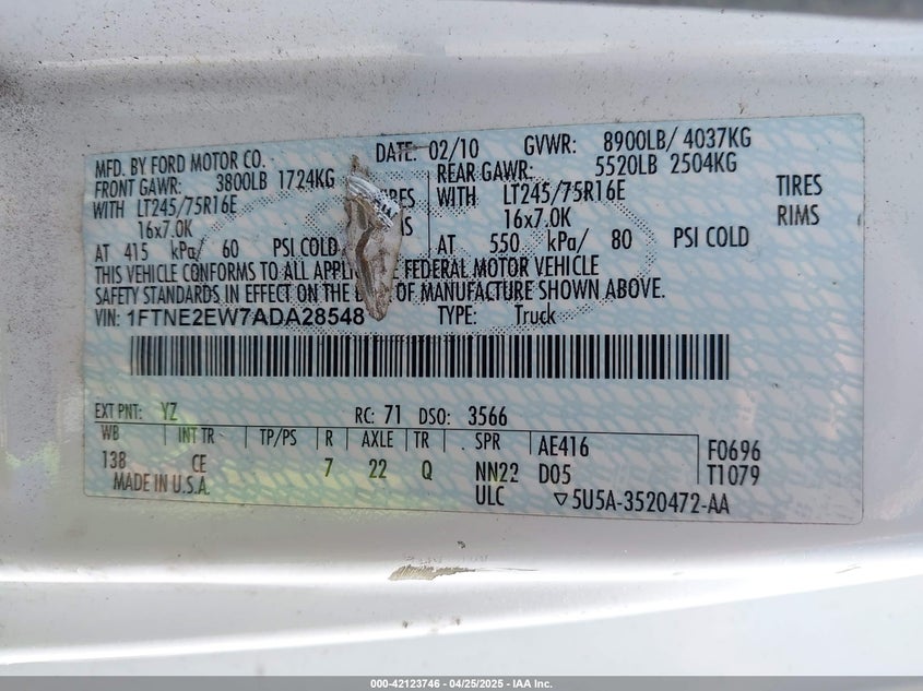 2010 Ford E-250 Commercial/Recreational VIN: 1FTNE2EW7ADA28548 Lot: 42123746