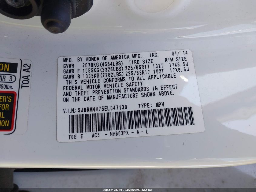 2014 Honda Cr-V Ex-L VIN: 5J6RM4H75EL047139 Lot: 42123759