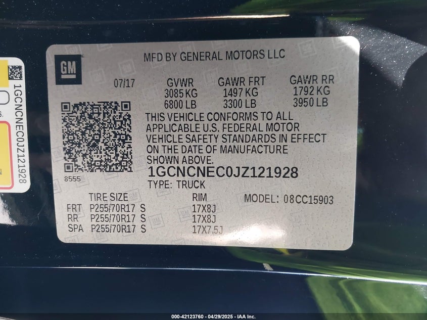 2018 CHEVROLET SILVERADO VIN: 1GCNCNEC0JZ121928