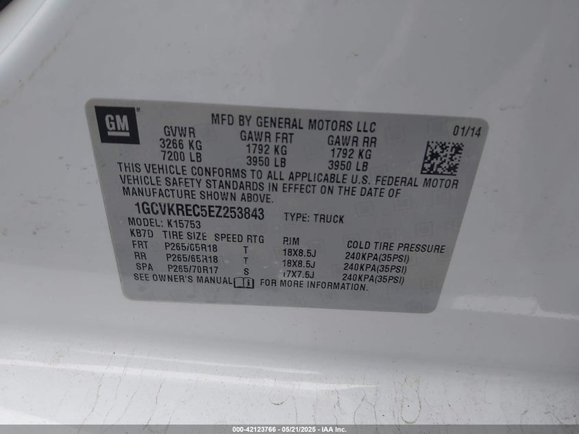 2014 CHEVROLET SILVERADO 1500 VIN: 1GCVKREC5EZ253843