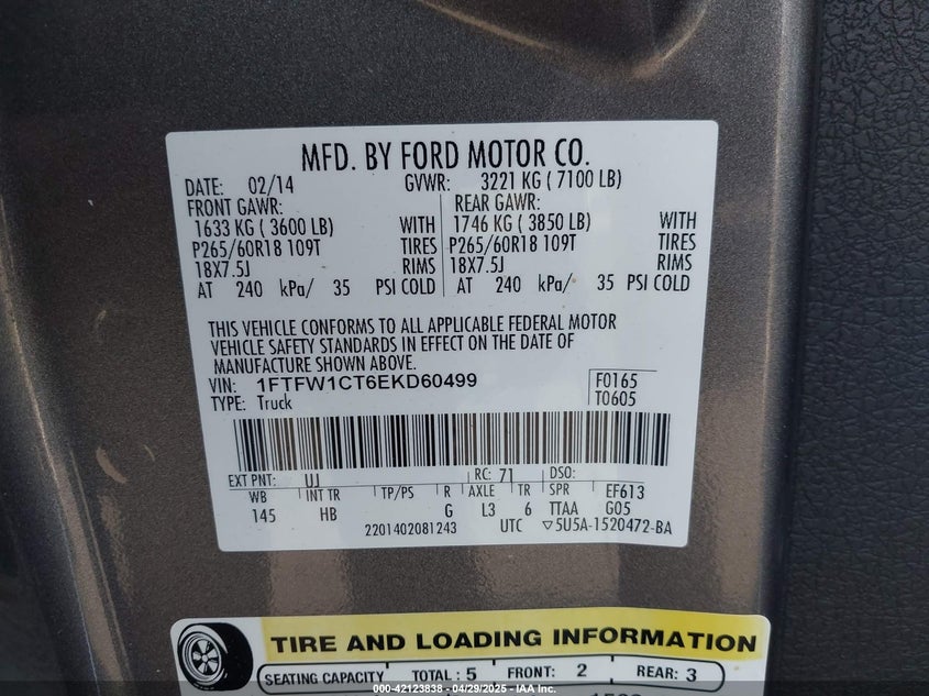 2014 FORD F-150 VIN: 1FTFW1CT6EKD60499