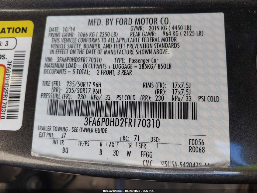 2015 FORD FUSION VIN: 3FA6P0HD2FR170310