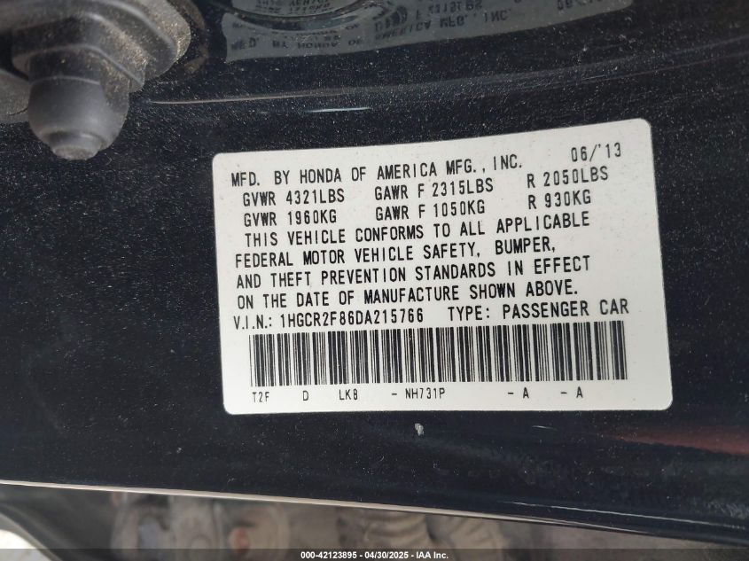 2013 Honda Accord Ex-L VIN: 1HGCR2F86DA215766 Lot: 42123895