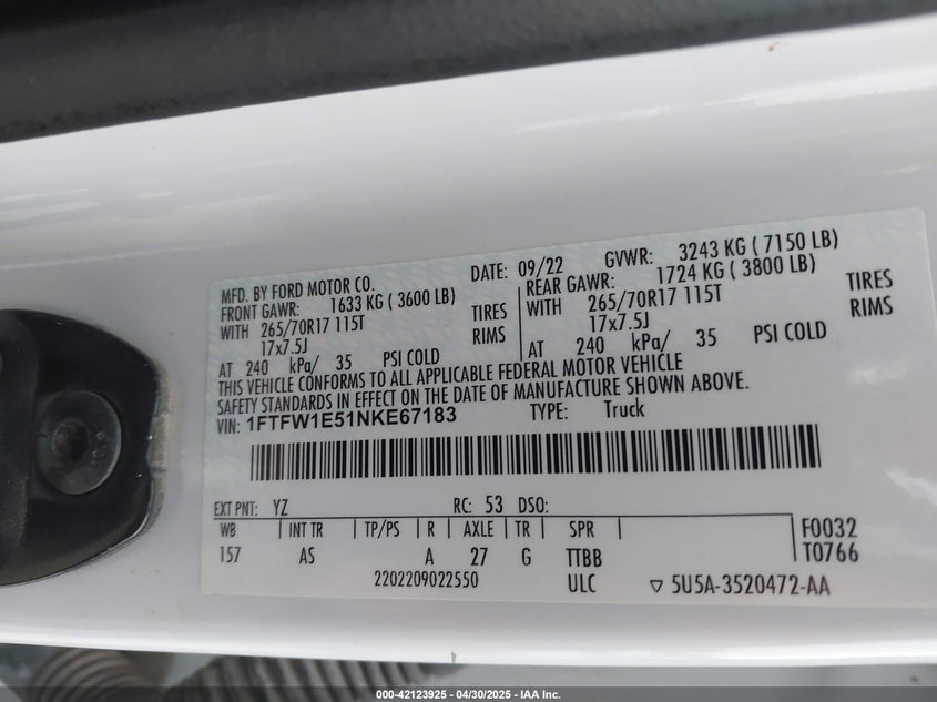 2022 FORD F150 VIN: 1FTFW1E51NKE67183
