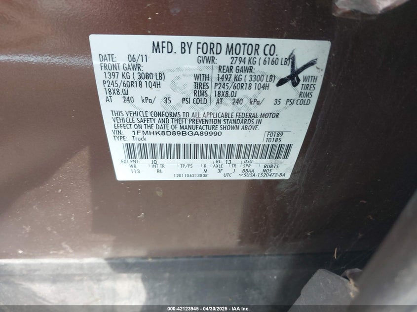 2011 FORD EXPLORER VIN: 1FMHK8D89BGA89990