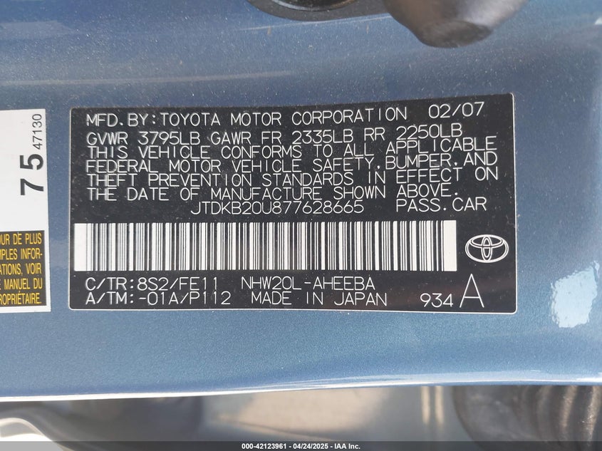 2007 TOYOTA PRIUS VIN: JTDKB20U877628665