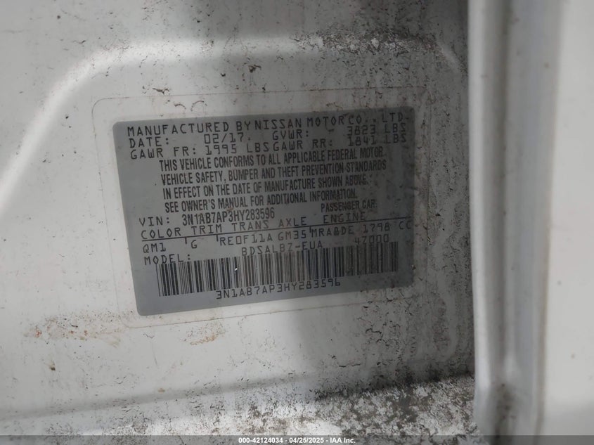 VIN 3N1AB7AP3HY283596 2017 NISSAN SENTRA S